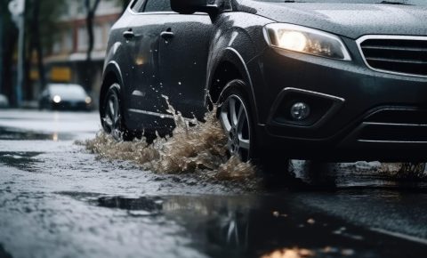 A car drives through a puddle in the rain